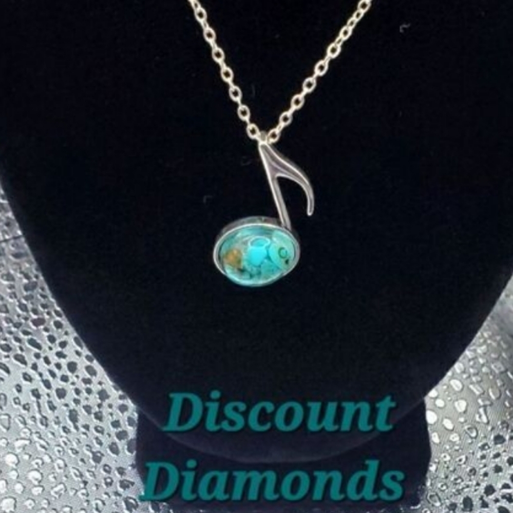 Oval Shaped Turquoise Music Note Shaped Pendant Necklace on 925 Stainless Steel